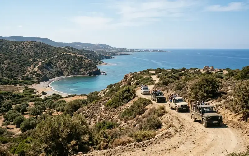 Explore Paphos' Akamas Peninsula on a thrilling Jeep Safari, discovering stunning beaches and UNESCO heritage landscapes