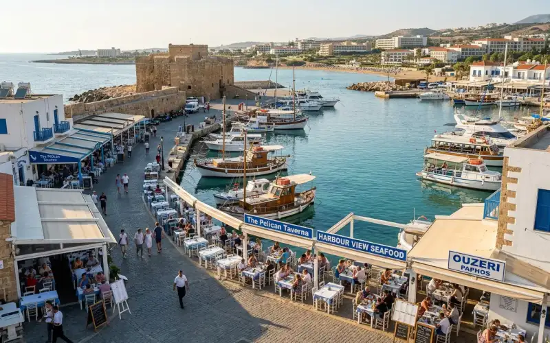 Enjoy fresh seafood at vibrant Paphos Harbour restaurants, a charming spot in Cyprus's UNESCO-listed region